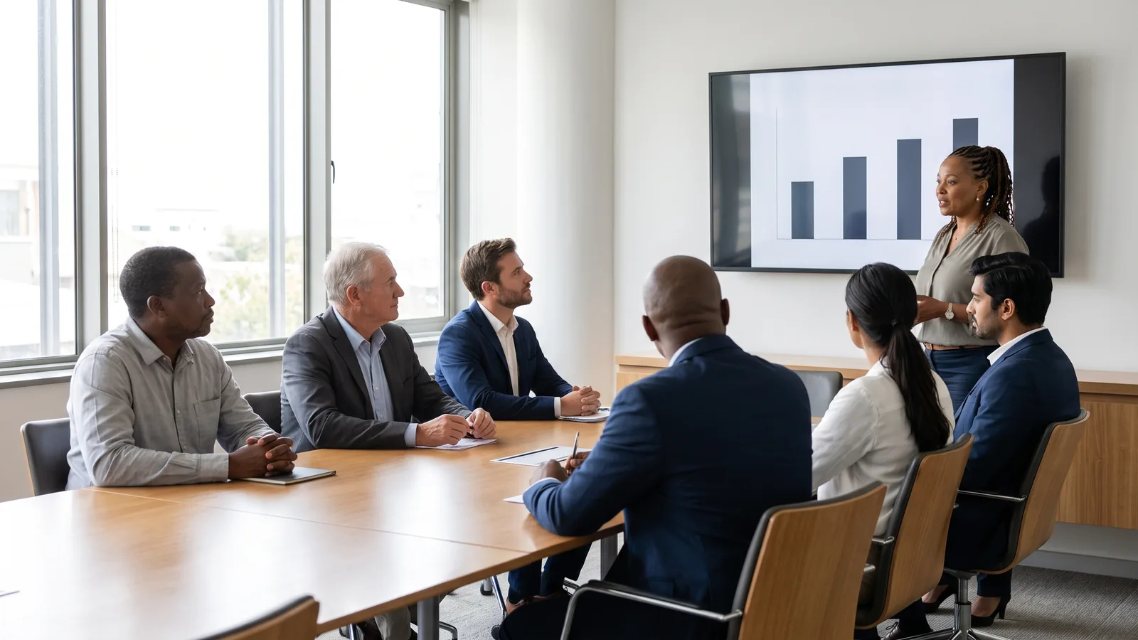 A board of six listens to a presenter beside a bar chart on a screen in a modern office meeting room