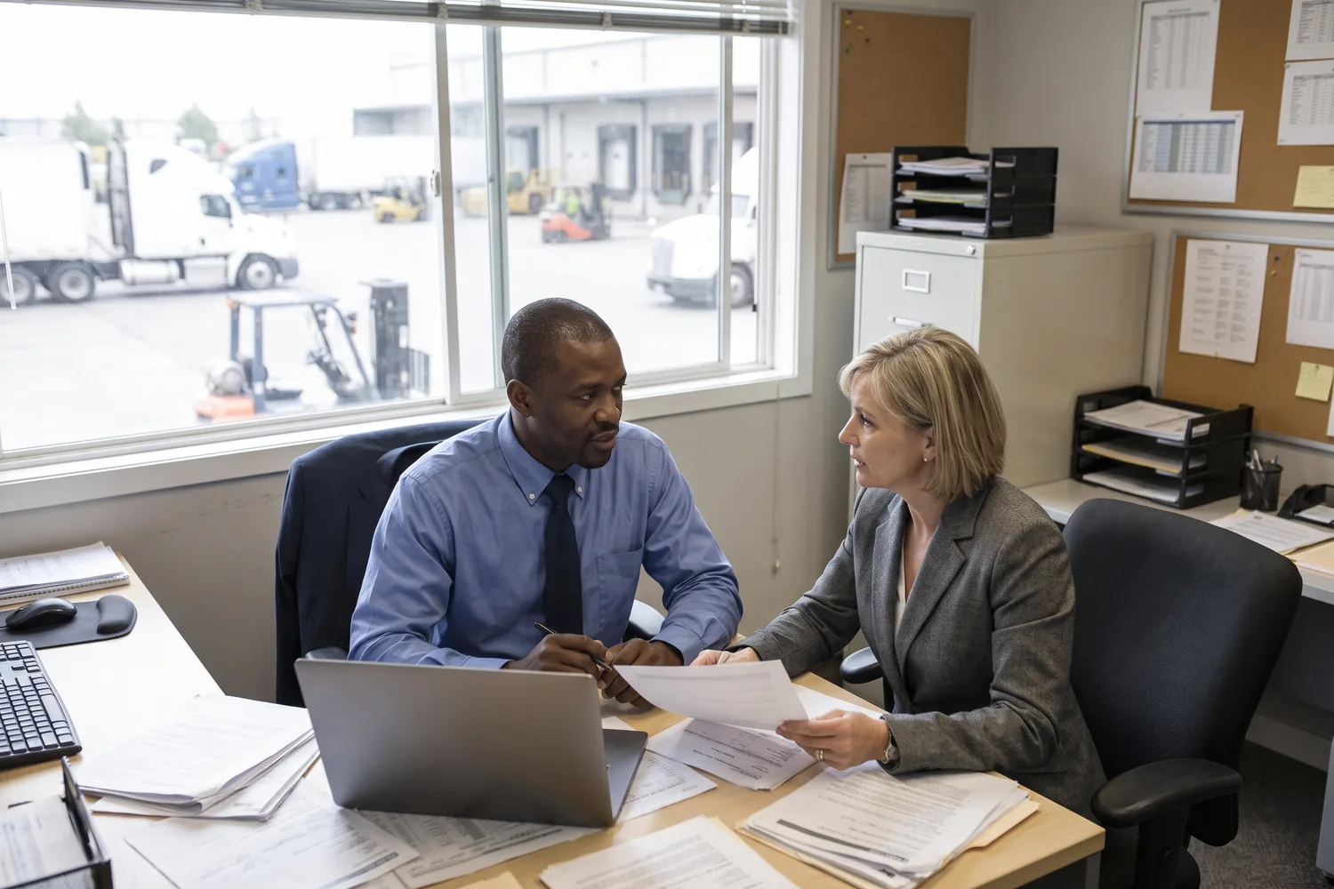 Two colleagues review papers at a desk in a logistics depot office, lorries and loading bays visible through the window