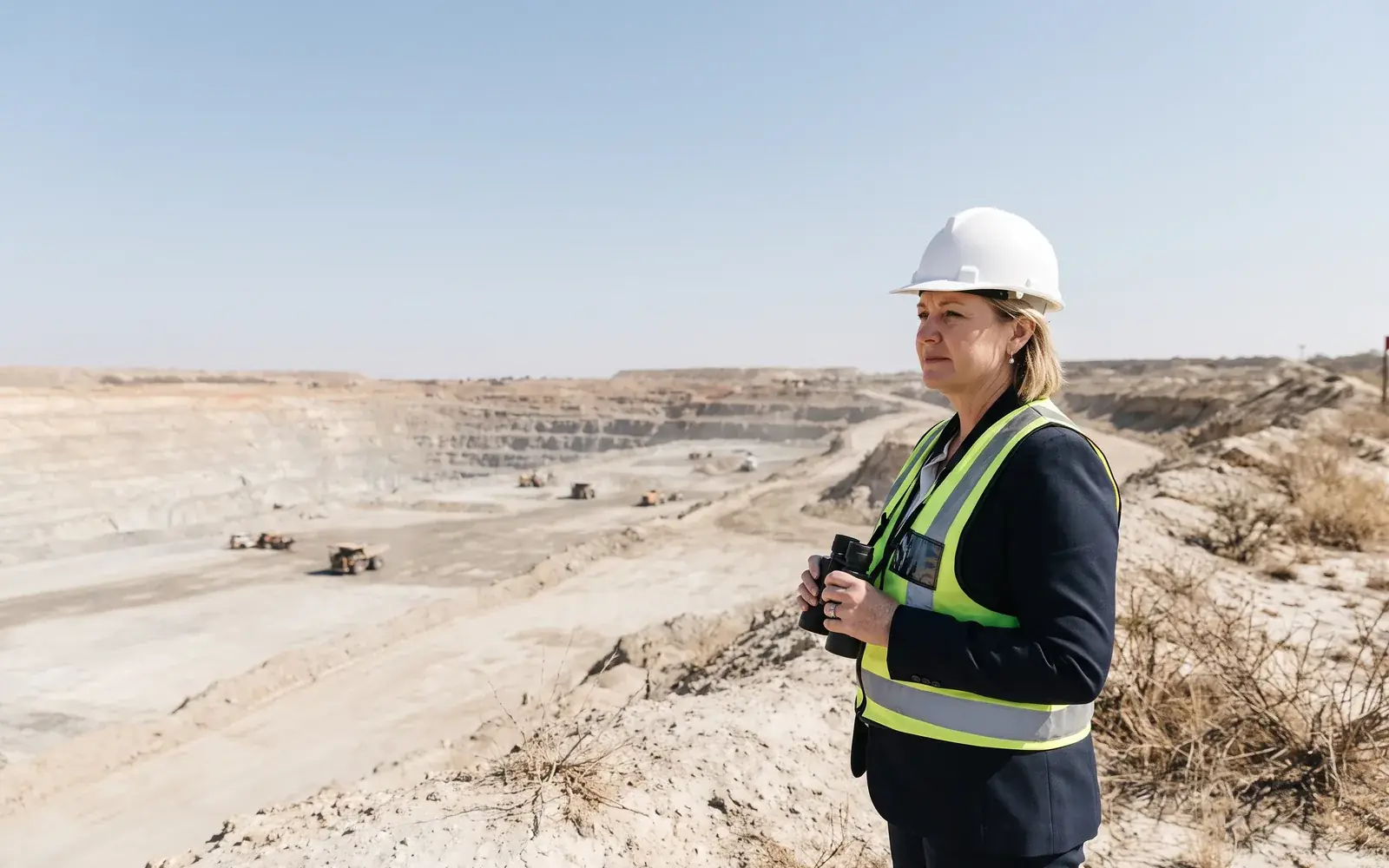 An executive in a hard hat and hi-vis vest looks across an open-pit mine in bright sunlight, haul trucks far below