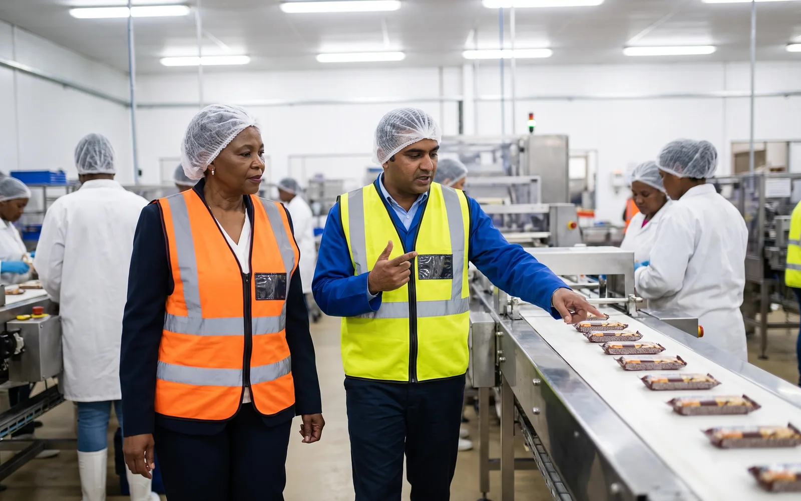 Two executives walk a food-production line in hairnets and hi-vis