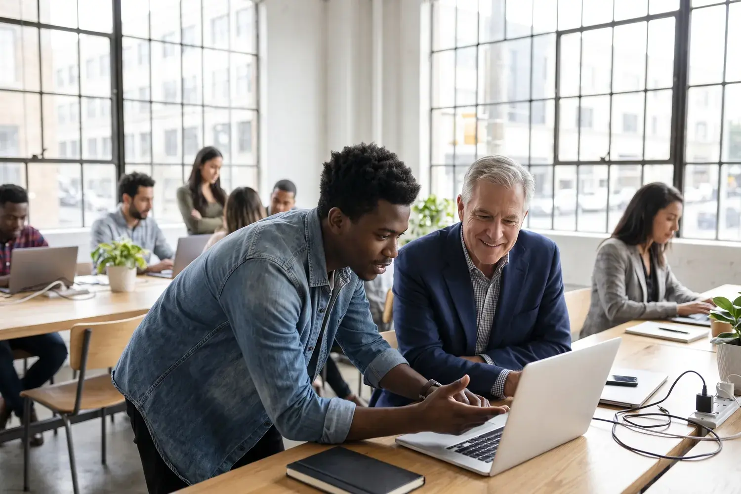 A young founder and a senior executive review a laptop together at a shared table in a busy, bright co-working space