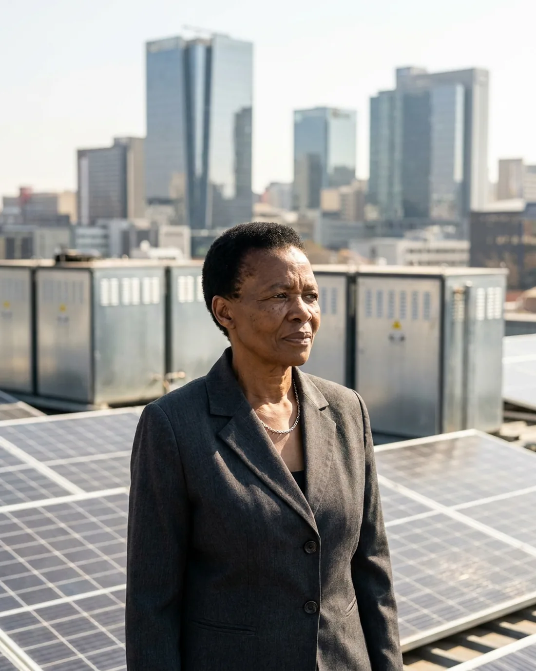 A senior finance executive on an office rooftop beside the solar panels and batteries that keep the business running